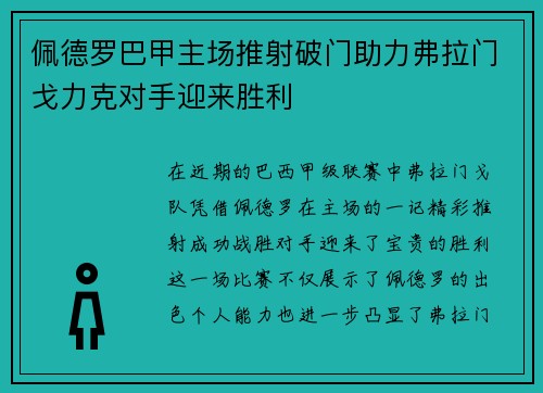佩德罗巴甲主场推射破门助力弗拉门戈力克对手迎来胜利